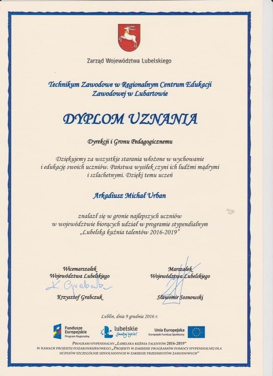 Arkadiusz Urban otrzymał stypendium w ramach programu „Lubelska kuźnia talentów"