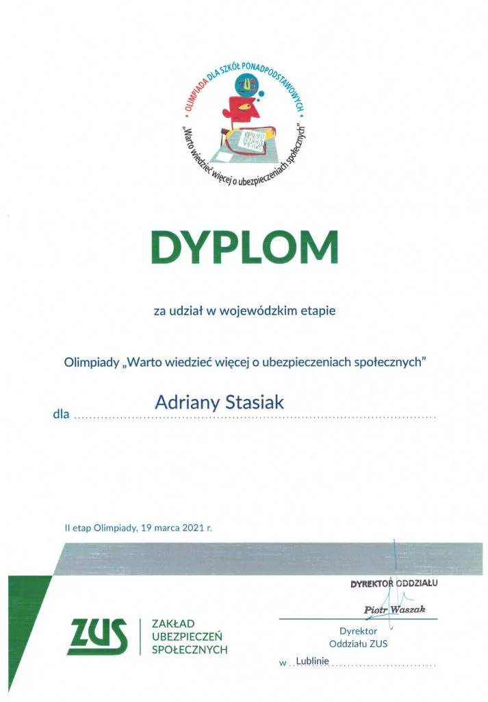 Olimpiada Warto wiedzieć więcej o ubezpieczeniach społecznych Adriana Stasiak