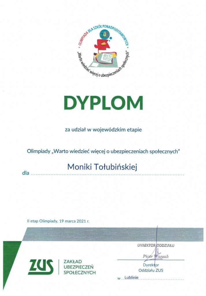 Olimpiada Warto wiedzieć więcej o ubezpieczeniach społecznych Monika Tołubińska