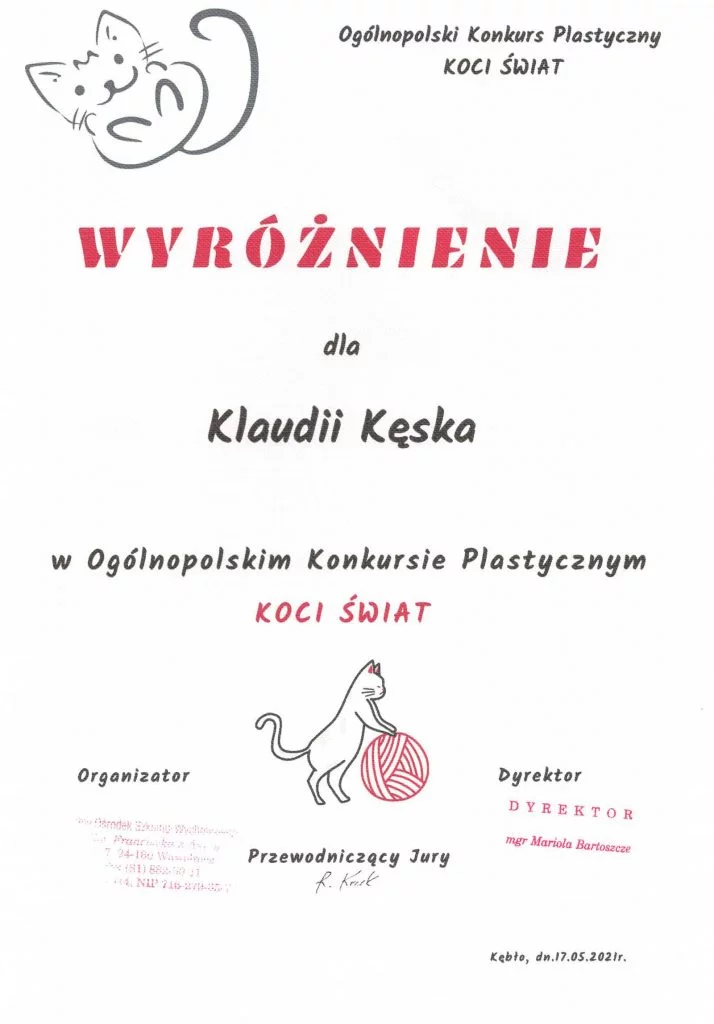 Klaudia Kęska wyróżnienie w Ogólnopolskim Konkursie Plastycznym KOCI ŚWIAT