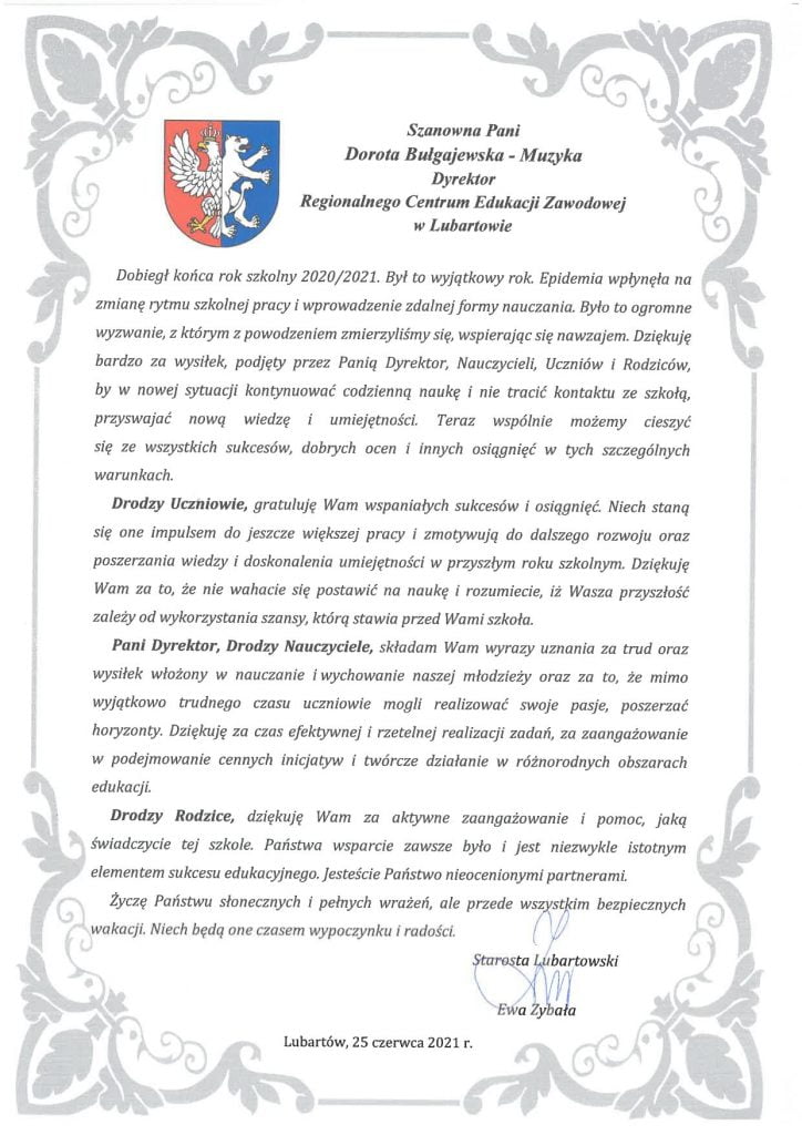 list Starosty Lubartowskiego Pani Ewy Zybały na zakończenie roku szkolnego 2020/2021