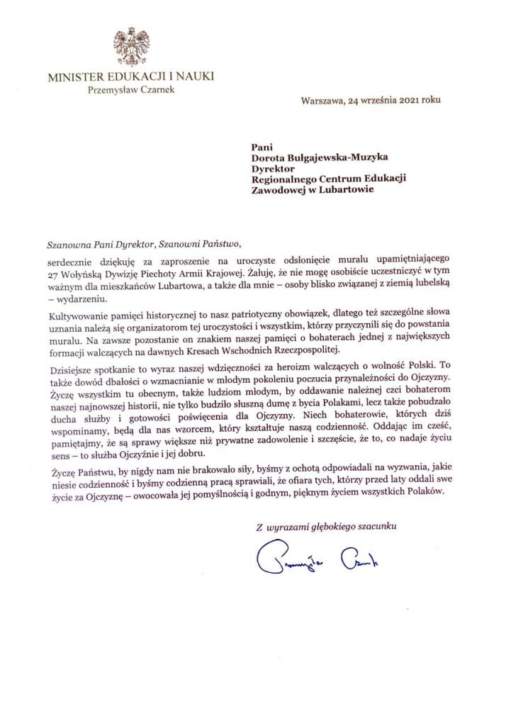 Uroczystość odsłonięcia Muralu list Ministra Edukacji i Nauki Przemysława Czarnka