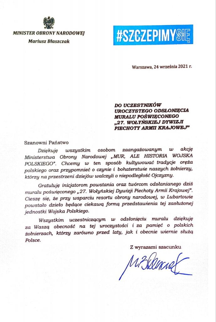 Uroczystość odsłonięcia Muralu list Ministra Obrony Narodowej Mariusz Błaszczak