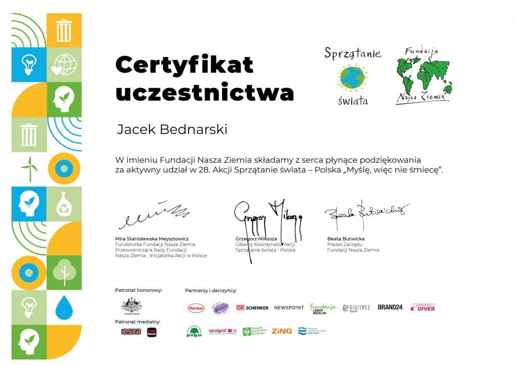 Certyfikaty za udział w 28. Akcji Sprzątania Świata.
