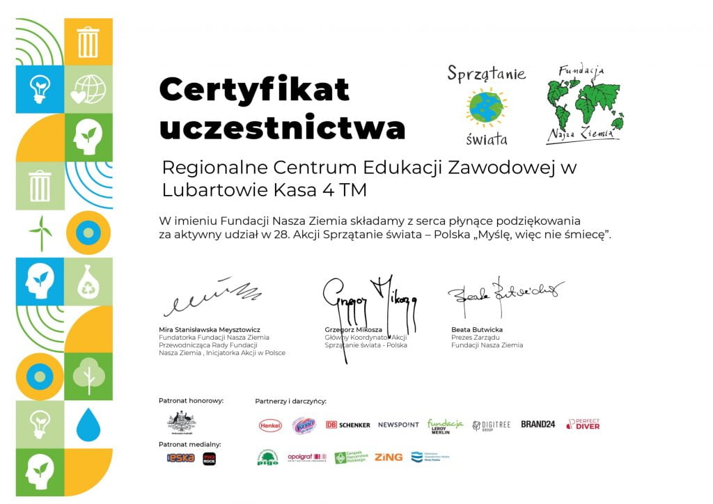 Certyfikaty za udział w 28. Akcji Sprzątania Świata.