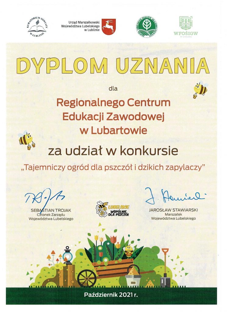 dyplom uznania RCEZ - Tajemniczy ogród dla pszczół i dzikich zapylaczy