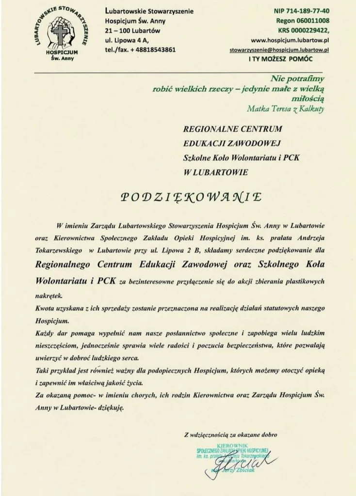 Podziękowanie dla RCEZ - akcja zbierania plastikowych nakrętek. Hospicjum św. Anny w Lubartowie