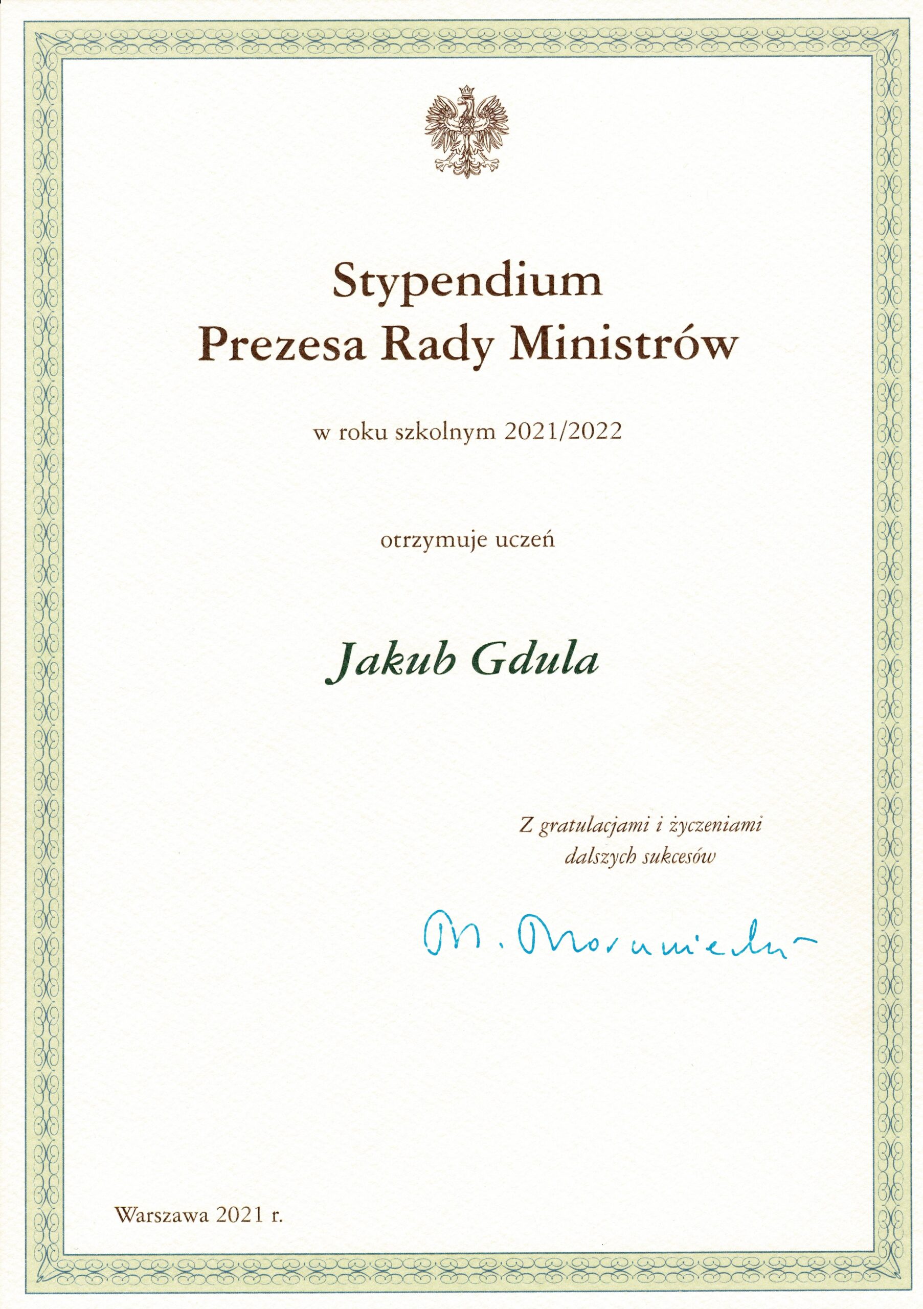 Stypendium Prezesa rady Ministrów 2021-2022 Jakub Gdula
