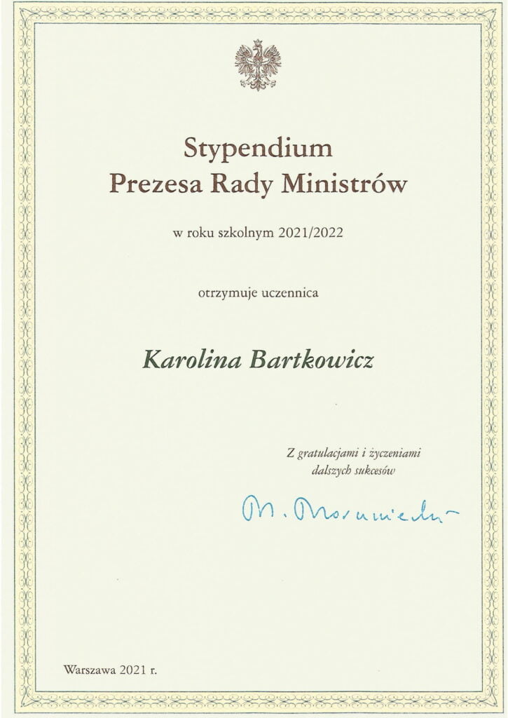 Stypendium Prezesa Rady Ministrów w roku szkolnym 2021/2022 Karolina Bartkowicz