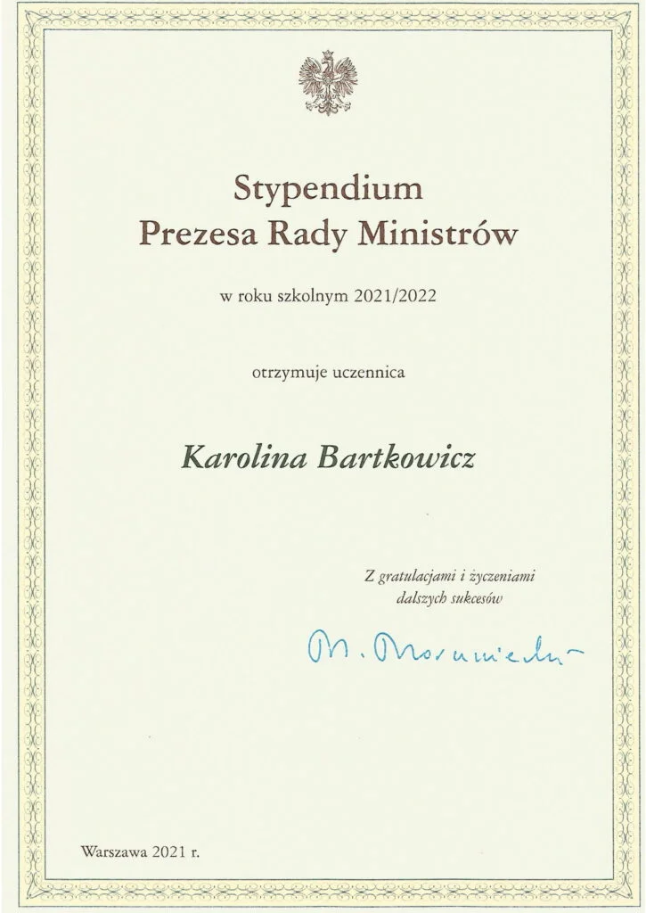 Stypendium Prezesa Rady Ministrów w roku szkolnym 2021/2022 Karolina Bartkowicz
