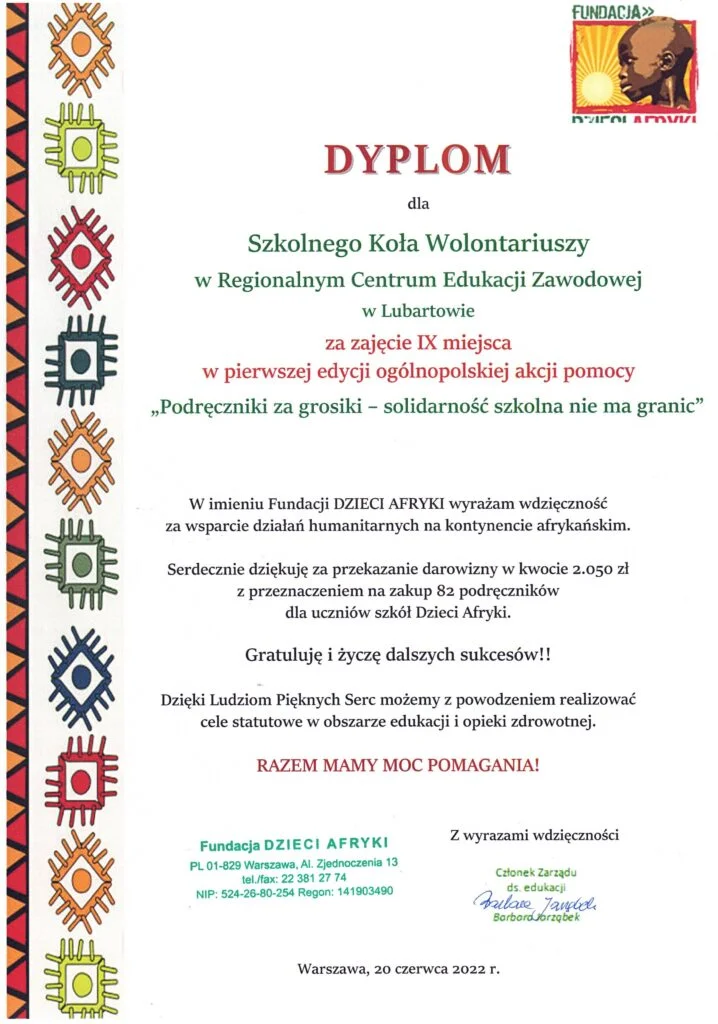 9 miejsce Regionalne Centrum Edukacji w Lubartowie w 1. edycji ogólnopolskiej akcji pomocowej "Podręczniki za grosiki - solidarność szkolna nie ma granic".