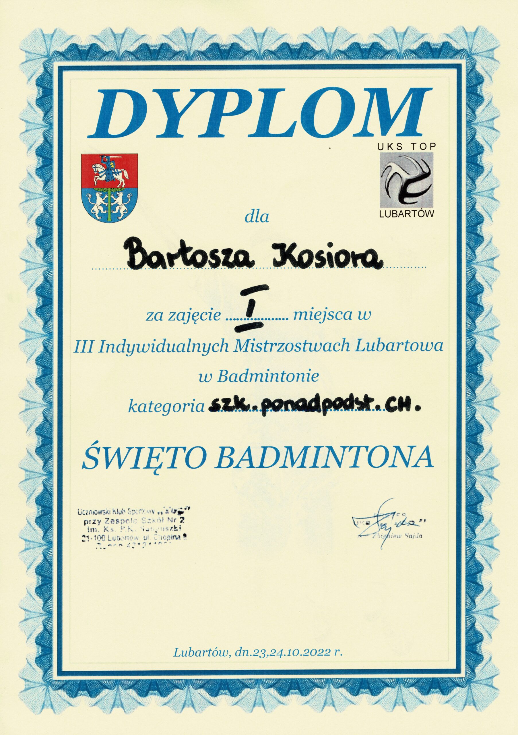 I Miejsce Kosior Bartosz III Indywidualnych Mistrzostwach Lubartowa Dzieci, Młodzieży i Dorosłych w Badmintonie.