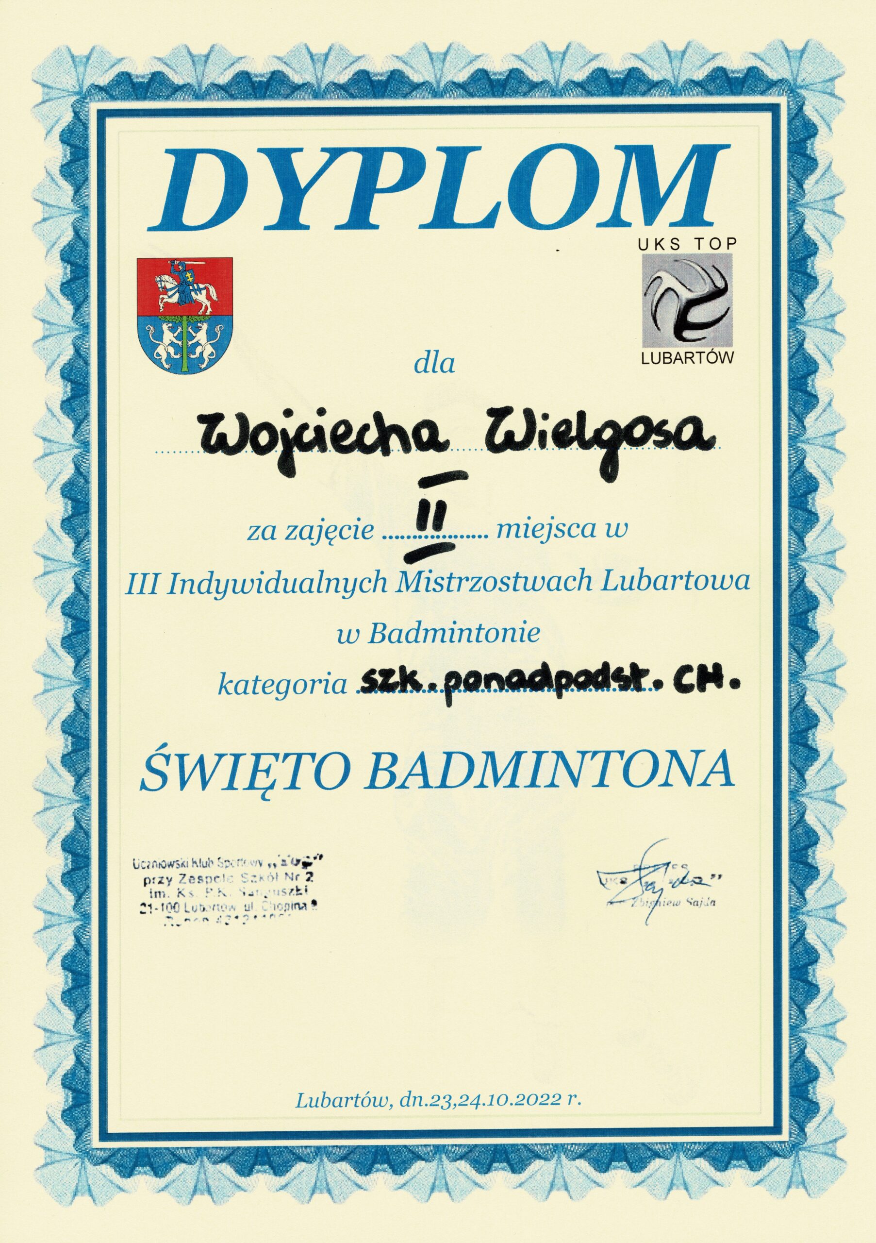II miejsce Wojciech Wielgos III Indywidualnych Mistrzostwach Lubartowa Dzieci, Młodzieży i Dorosłych w Badmintonie.