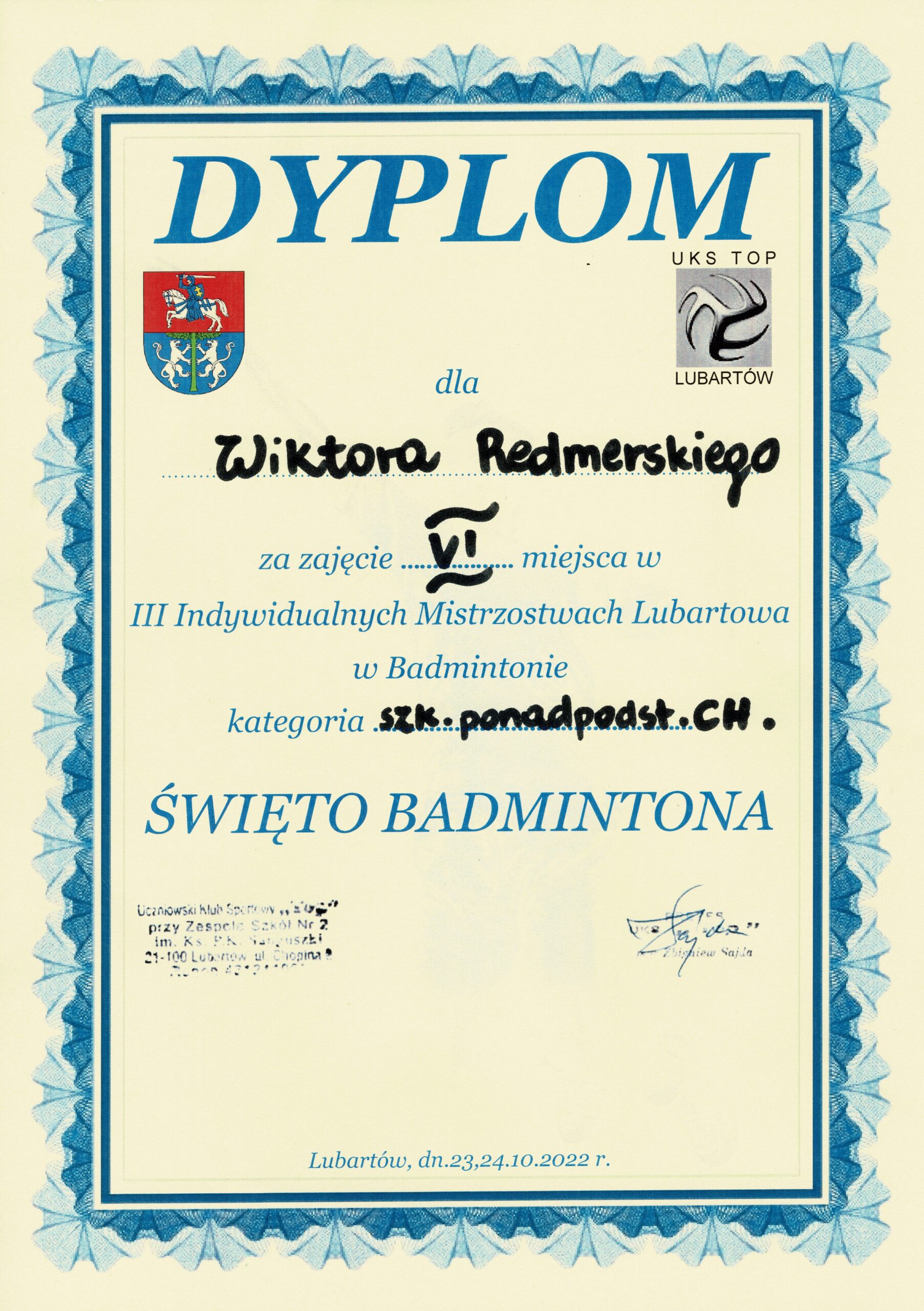 VI Miejsce Wiktro Rademerski III Indywidualnych Mistrzostwach Lubartowa Dzieci, Młodzieży i Dorosłych w Badmintonie.