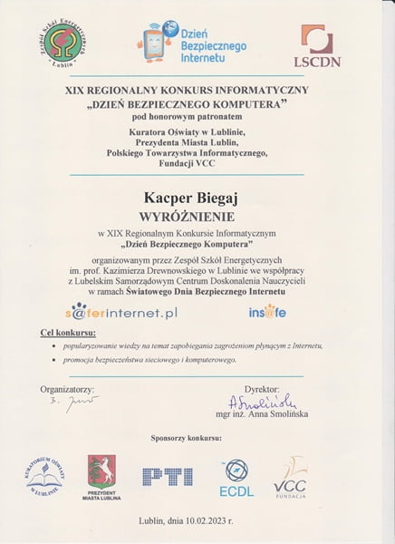 Wyróżnienie dla Kacpra Biegaja w konkursie informatycznym