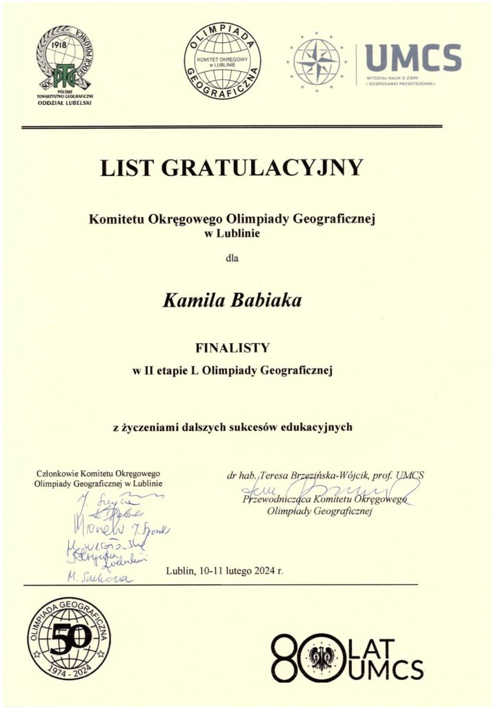 Kamil Babiak List Gratulacyjny Finalisty II Etapu Olimpiady Geograficznej 2024