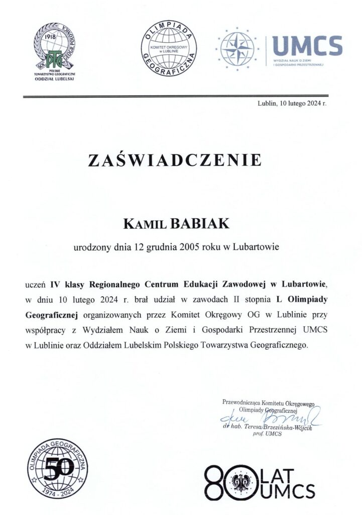 Kamil Babiak Zaświadczenie Uczestnictwa W Olimpiadzie Geograficznej 2024