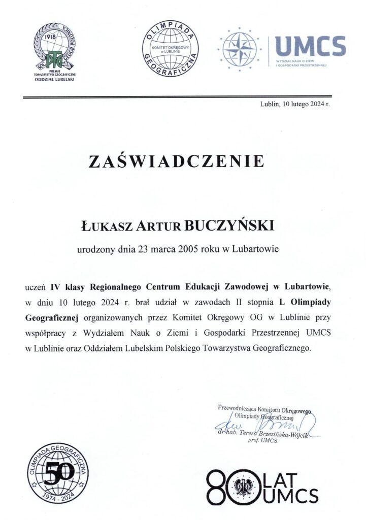 Łukasz Buczyński Zaświadczenie Uczestnictwa W Olimpiadzie Geograficznej 2024