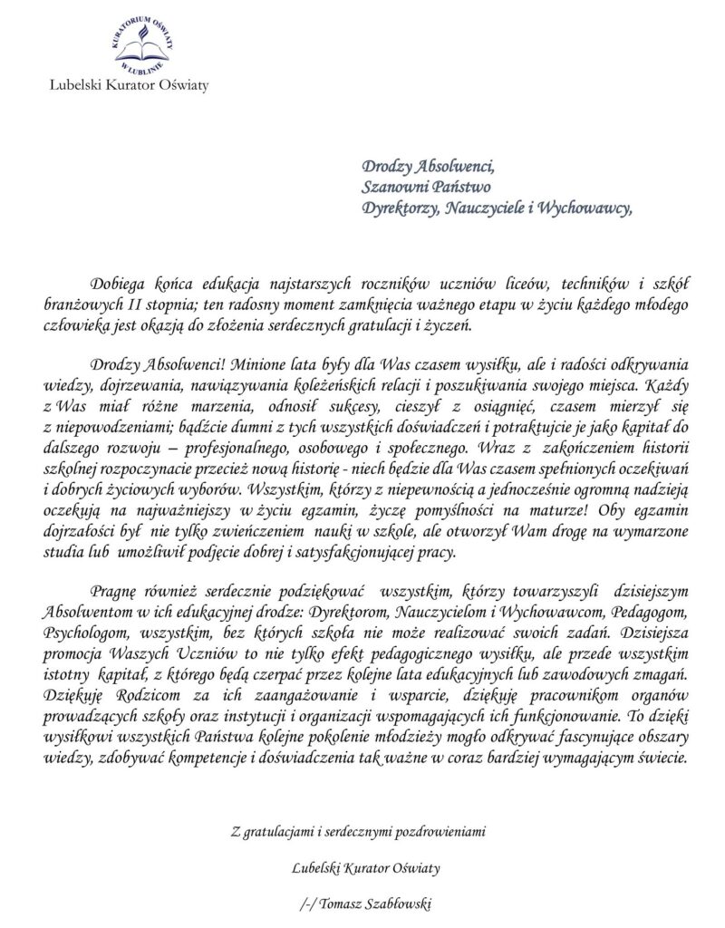 List Lko Na Zakonczenie Roku Najstarszych Rocznikow 2024