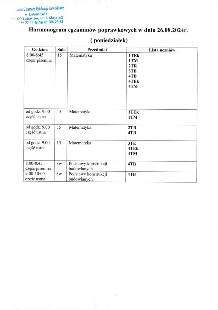 Harmonogram Egzaminow Poprawkowych W Dniu 26.08.2024r