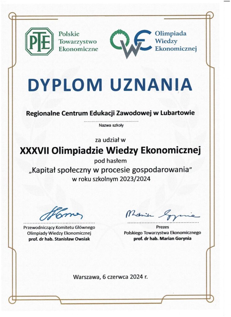Dyplom Uznania Olimpiada Ekonomiczna