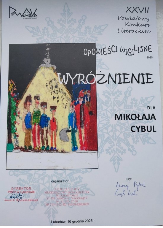 Wyróżnienie dla Mikołaja Cybula w Konkursie „Opowieści Wigilijne 2025”